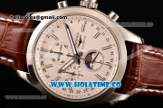 Longines Master Moonphase Chrono Miyota OS10 Quartz with Date Steel Case with White Dial Stick Markers and Brown Leather Strap