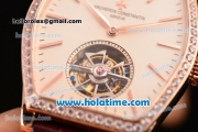 Vacheron Constantin Malte Tourbillon Swiss Tourbillon Manual Winding Rose Gold Case with Brown Alligator Strap Beige Dial and Diamond Bezel