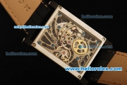 Cartier Tank Skeleton Manual Winding Movement PVD Case with Black Leather Strap