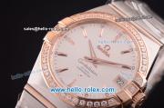 Omega Constellation Co-Axial Swiss ETA 2824 Automatic Steel Case with Rose Gold/Diamond Bezel and Silver Dial-Rose Gold Stick Markers