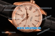 Omega Aqua Terra 150 M Co-Axial Clone Omega 8501 Automatic Rose Gold Case with White Dial and Stick Markers - Diamonds Bezel (EF)