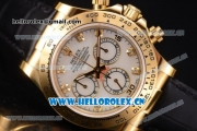 Rolex Cosmograph Daytona Clone Rolex 4130 Automatic Yellow Gold Case with White Dial Diamonds Markers and Black Leather Strap (EF)