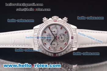 Rolex Daytona Chronograph Swiss Valjoux 7750 Automatic Steel Case with Diamond Bezel and MOP Dial-White Leather Strap