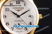 Longines Master Power Reserve Swiss ETA 2824 Automatic Yellow Gold Case with White Dial and Black Leather Strap Arabic Numeral Markers