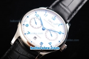 IWC Portuguese Swiss Valjoux 7750 Automatic Movement Steel Case with White Dial and Blue Numeral Markers-Black Leather Strap-Small Calendar-Power Reserve