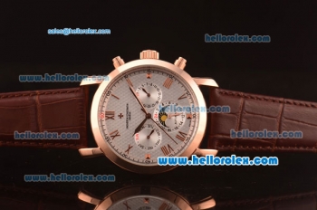 Vacheron Constantin Automatic Rose Gold Case with Silver Dial and Brown Leather Strap