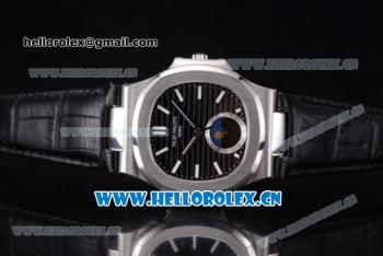 Patek Philippe Nautilus Miyota 9015 Automatic Steel Case with Black Dial Stick Markers and Black Leather Strap