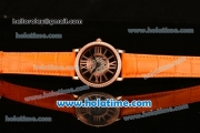 Cartier Rotonde De Swiss Quartz Rose Gold Case with Diamonds Bezel Skeleton Dial and Orange Leather Strap