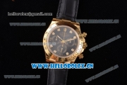 Rolex Cosmograph Daytona Clone Rolex 4130 Automatic Yellow Gold Case with Black Dial Diamonds Markers and Black Leather Strap (EF)