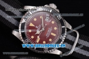 Rolex Submariner Vintage Asia 2813 Automatic Steel Case Red Dial Dot Markers and Black/Grey Nylon Strap