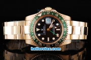 Rolex GMT-Master II Oyster Perpetual Automatic Full Gold with Green Bezel,Black Dial and White Round Bearl Marking-Small Calendar