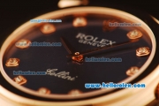 Rolex Cellini Swiss Quartz Rose Gold Case with Dark Blue Dial and Black Leather Strap-Diamond Markers