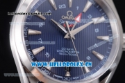 Omega Seamaster Aqua Terra 150 M GMT Clone Omega 8605 Automatic Steel Case with Blue Dial Stick Markers and Blue Leather Strap (EF)