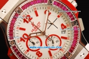 Hublot Big Bang Chronograph Miyota Quartz Movement White Dial with Red Markers and Pink Diamond Bezel - Red Rubber Strap