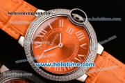 Cartier Ballon Bleu Swiss Quartz Stainless Steel Case with Orange Leather Strap Diamond Bezel and Orange Dial