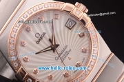 Omega Constellation Co-Axial Swiss ETA 2824 Automatic Steel Case with Rose Gold/Diamond Bezel and White Stripy Dial-Diamond Markers