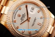 Rolex Day Date II Automatic Movement Full Rose Gold with Double Row Diamond Bezel - Diamond Markers and White Dial