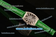 Franck Muller Cintree Curvex Swiss Quartz Steel/Diamonds Case with Diamonds Dial Numeral Markers and Green Leather Strap