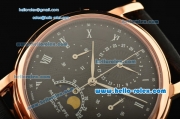 Patek Philippe Copy Venus 75 Manual Winding Working Chronograph Movement Rose Gold Case with Black Dial and Black Leather Strap