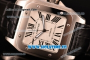 Cartier Santos 100 Large Asia Automatic Steel Case with Black Leather Strap Black Roman Numeral Markers and White Dial