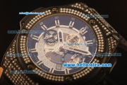 Hublot King Power Swiss Valjoux 7750 Automatic PVD Case with Diamond Bezel and Skeleton Dial-Black Rubber Strap