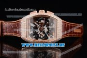 Franck Muller Vanguard Miyota OS20 Quartz Rose Gold Case with Brown/White Dial Brown Leather Strap Arabic Numeral Markers and Diamonds Bezel