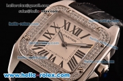 Cartier Santos 100 Medium Japanese Miyota OS2035 Quartz Steel Case with Black Leather Strap Diamond Bezel and White Dial