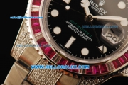 Rolex GMT-Master II Swiss ETA 2836 Automatic Movement Steel Diamond Case with Black Dial and Diamond Bezel-Steel Diamond Strap