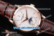 Patek Philippe Complications Miyota 9015 Automatic Rose Gold Case with White Dial Stick Markers and Brown Leather Strap