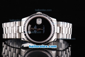 Rolex Oyster Perpetual Day-Date Swiss ETA 2836 Automatic Movement Silver Case with Black Dial-Black Bezel and SS Strap