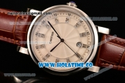 Cartier Rotonde De Miyota Quartz Steel Case with Diamonds Markers White Dial and Brown Leather Strap