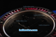 Hublot Big Bang Swiss Valjoux 7750 Chronograph Movement PVD Case with Black Dial-Red Diamond Bezel and Blue Rubber Strap