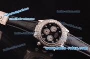Rolex Daytona Swiss Valjoux 7750-SHG Automatic Diamond Case/Bezel with Black Dial and Black Leather Strap