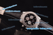 Rolex Daytona Swiss Valjoux 7750-SHG Automatic Diamond Case/Bezel with Black Dial and Black Leather Strap