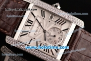 Cartier Tank MC Miyota 8245 Automatic Steel Case with Brown Leather Strap White Dial and Diamond Bezel