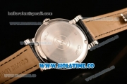 Cartier Rotonde De Miyota Quartz Steel Case with Diamonds Markers White Dial and Black Leather Strap