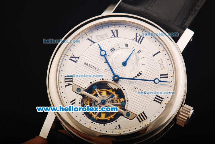 Breguet Classique Complications Flying Tourbillon Manual Winding Movement White Dial with Black Roman Numerals and Black Leather Strap - Click Image to Close