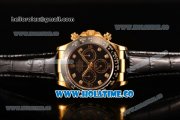 Rolex Daytona Chrono Swiss Valjoux 7750 Automatic Yellow Gold Case with Ceramic Bezel Black Dial and Black Leather Strap -Diamonds Markers (BP)