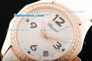 Chopard Happy Sport Swiss Quartz Movement Rose Gold Case with Diamond Bezel and White Leather Strap