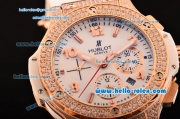 Hublot Big Bang Swiss Valjoux 7750 Automatic Movement Rose Gold Case with Diamond Bezel-White Dial and Rose Gold Markers-White Rubber Strap