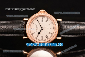 Patek Philippe Calatrava Miyota Quartz Rose Gold Case with White Dial and Roman Numeral Markers - Diamonds Bezel