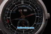 Petek Philippe Automatic Black Dial and White Bezel with Leather Strap