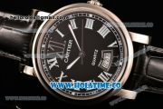 Cartier Rotonde De Miyota Quartz Steel Case with Black Dial Black Leather Strap and Roman Numeral Markers