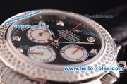 Rolex Daytona Swiss Valjoux 7750-SHG Automatic Diamond Case/Bezel - Black Dial and Black Leather Strap