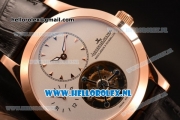 Jaeger-LECoultre Master Tourbillon Manual Winding Rose Gold Case with White Dial and Black Leather Strap