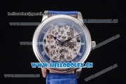 Glashutte Senator Skeletonized Edition Asia 7100 Automatic Steel Case with Skeleton Dial Roman Numeral Markers and Blue Leather Strap