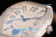 Franck Muller Heart Swiss Quartz Steel Case with Blue Leather Strap Diamond Bezel and White Dial - ETA Coating