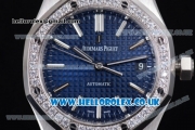 Audemars Piguet Royal Oak Clone AP Calibre 3120 Automatic Stainless Steel Case/Bracelet with Blue Dial Stick Markers and Diamonds Bezel - 1:1 (J12)