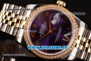 Rolex Datejust Asia 2813 Automatic Two Tone Case with Purple Dial Diamonds Bezel and Roman Numeral Markers (BP)