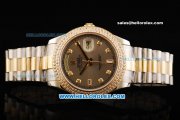 Rolex Day Date II Oyster Perpetual Automatic Movement Grey Dial with Double Row Diamond Bezel - Diamond Markers and Two Tone Strap